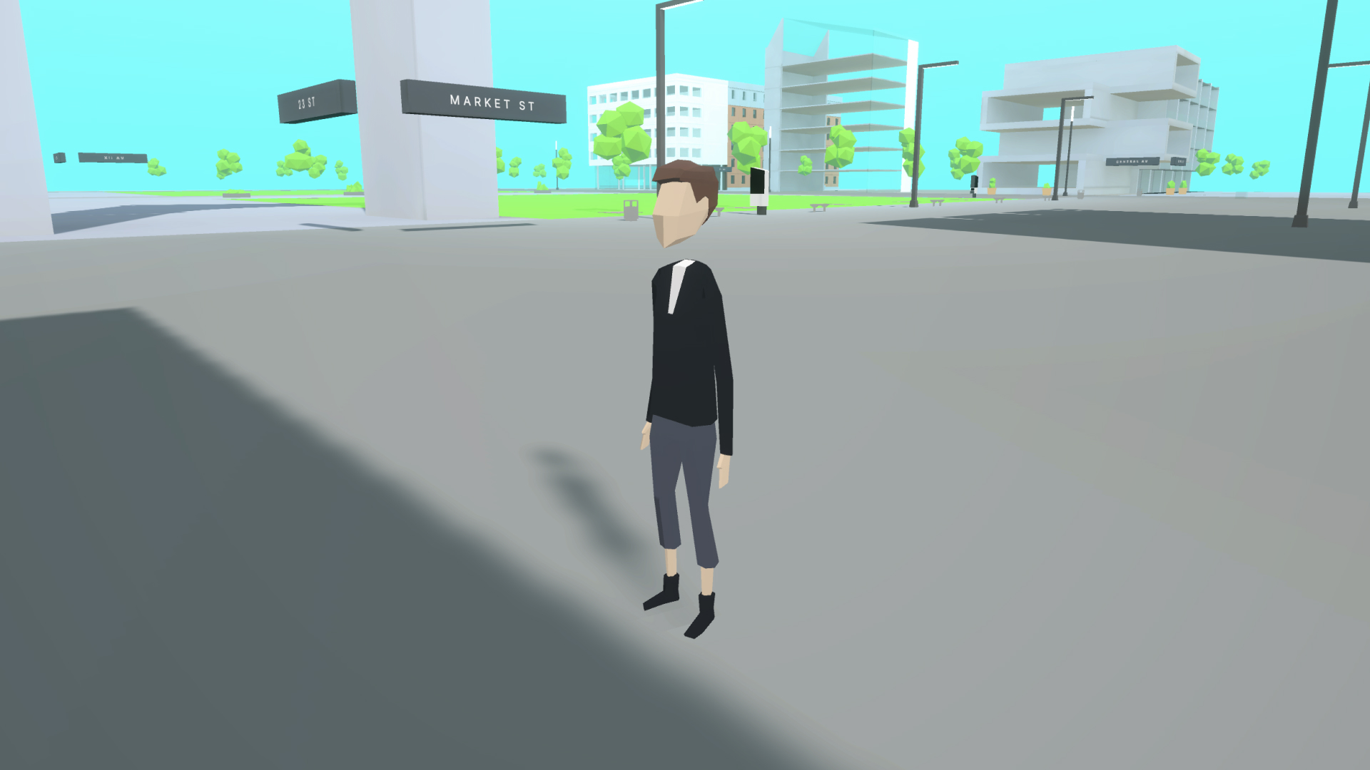 Screenshot of low poly character standing in the street