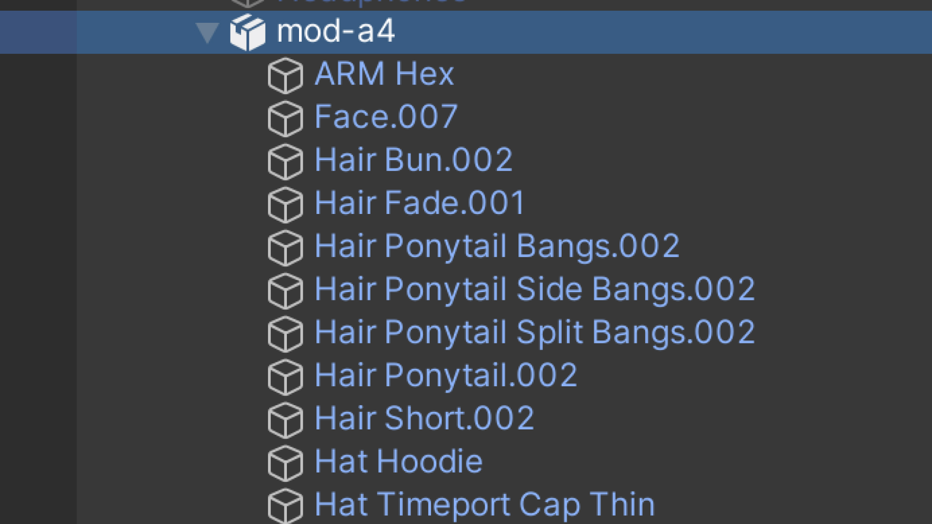 Screenshot of the models hierarchy in Unity