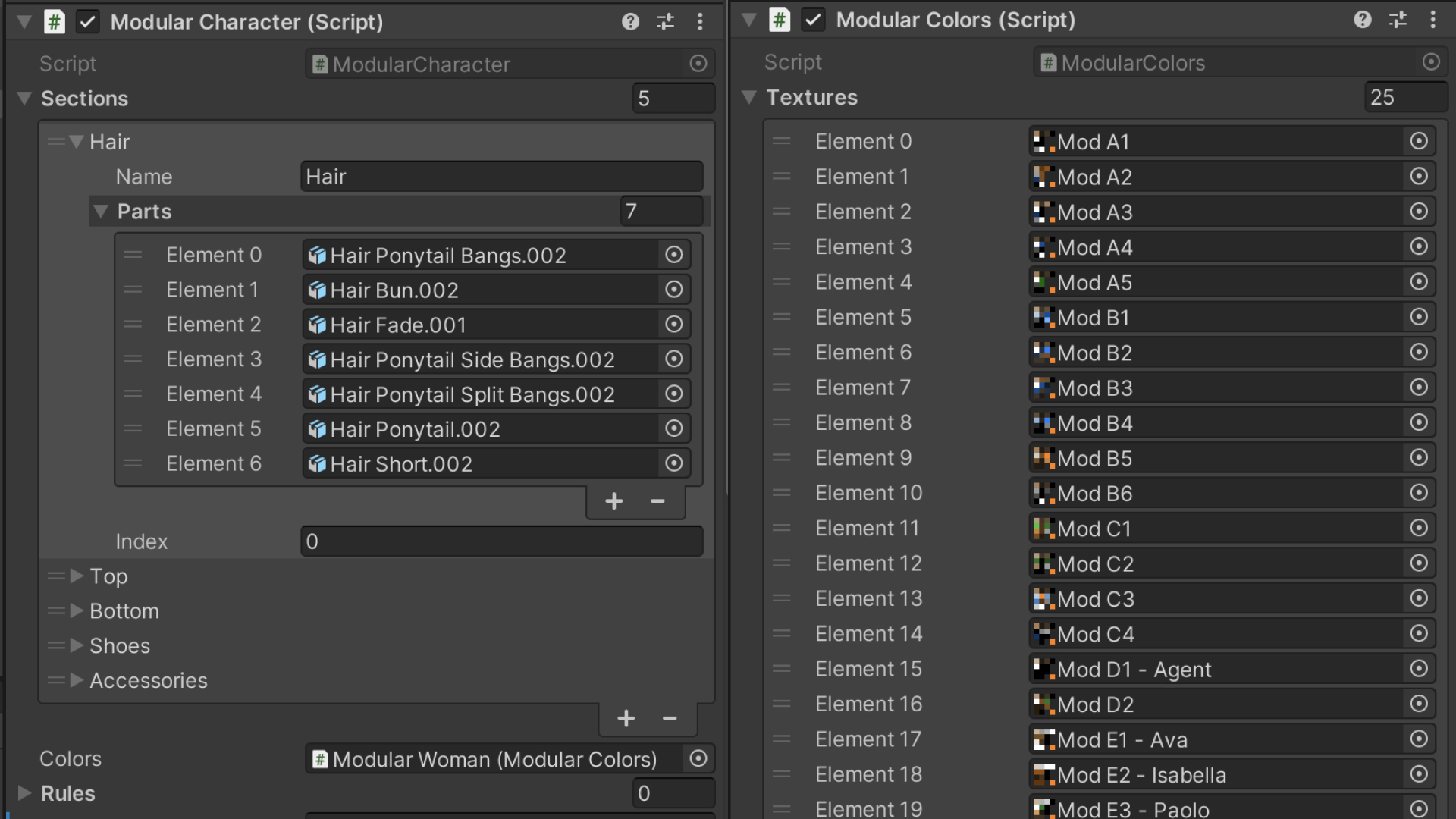 Screenshot of the modular character scripts inspectors